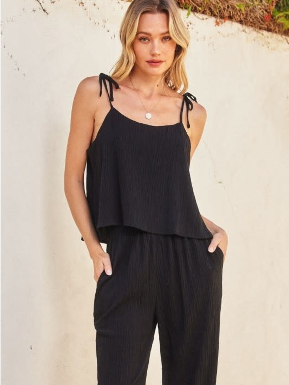 Crinkled Tie Shoulder Cami Top